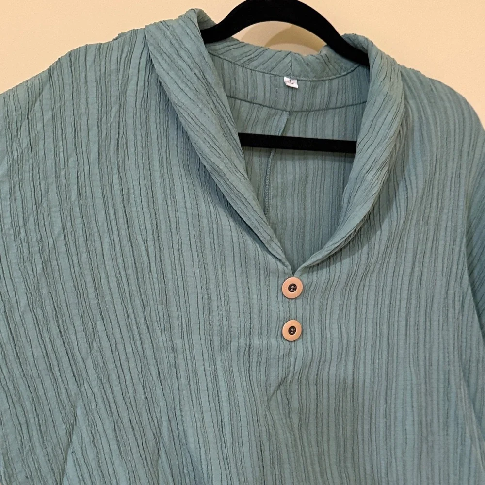 Elegant Teal Button- Short Sleeve turn down Blouse for Women Size Large - Picture 6 of 12